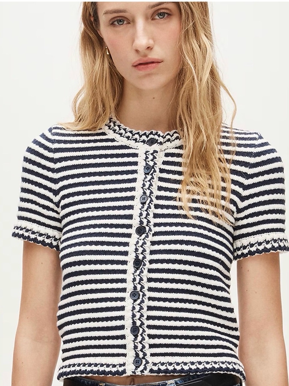 J.Crew Crochet NWT Short-Sleeve Cardigan in Stripe – Navy/Ivory – Size Small